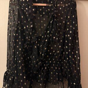 TOPSHOP WOMENS METALLIC GOLD POLKA DOT RUFFLED BLACK TOP SZ 12 US BEAUTIFUL